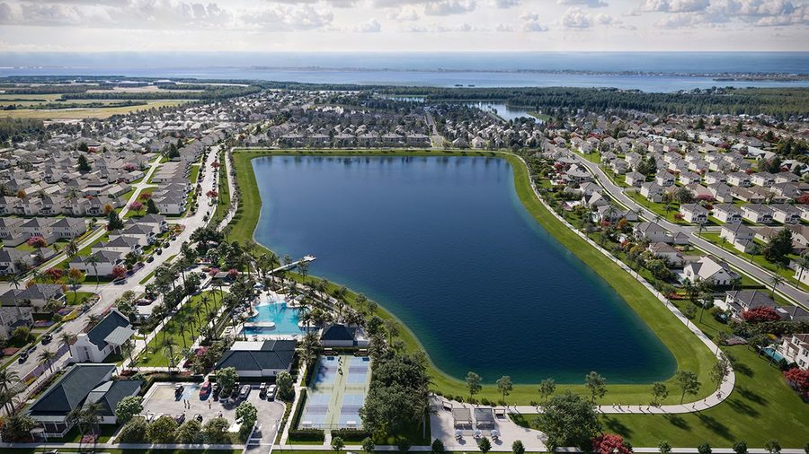 Aerial rendering of SeaFlower around Lake Flores with the Gulf of Mexico on the horizon