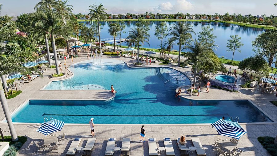 Rendering of The Garden Club resort pool with lap lanes beside Lake Flores